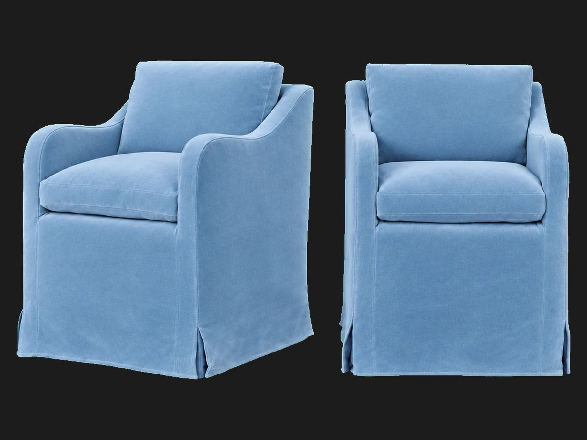 Esmé Dining Chair 2-piece set in Performance Velvet Sky - front and three-quarter views #Fabric & Color_Performance Velvet Sky