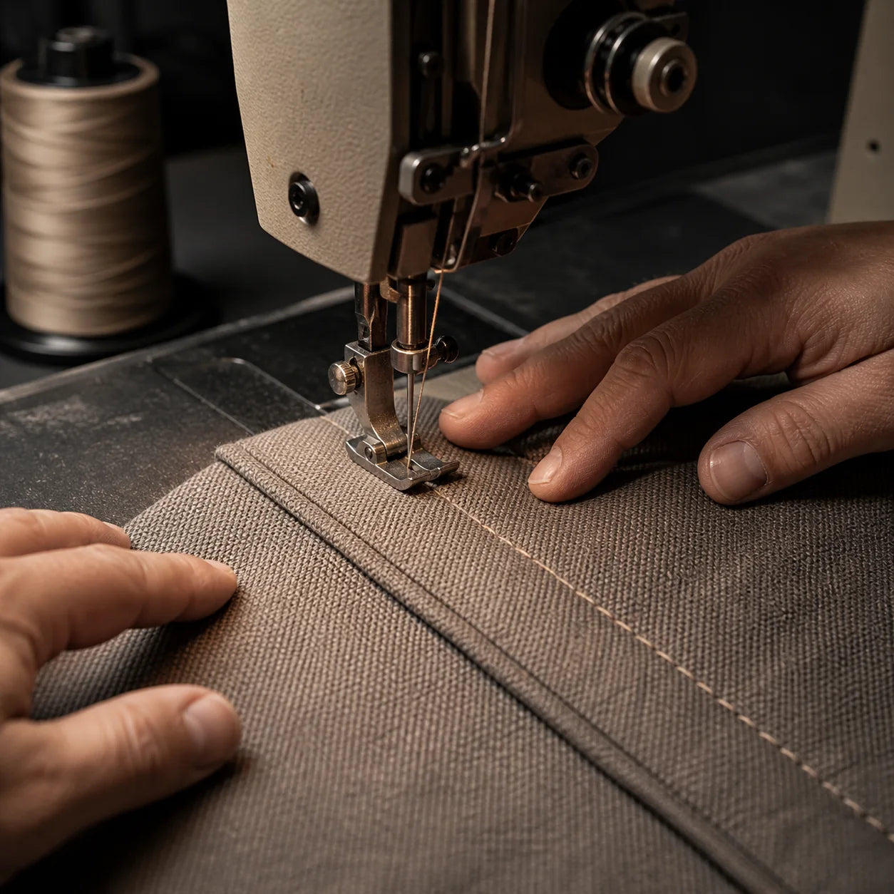 Industrial upholstery sewing setup with high-tenacity thread