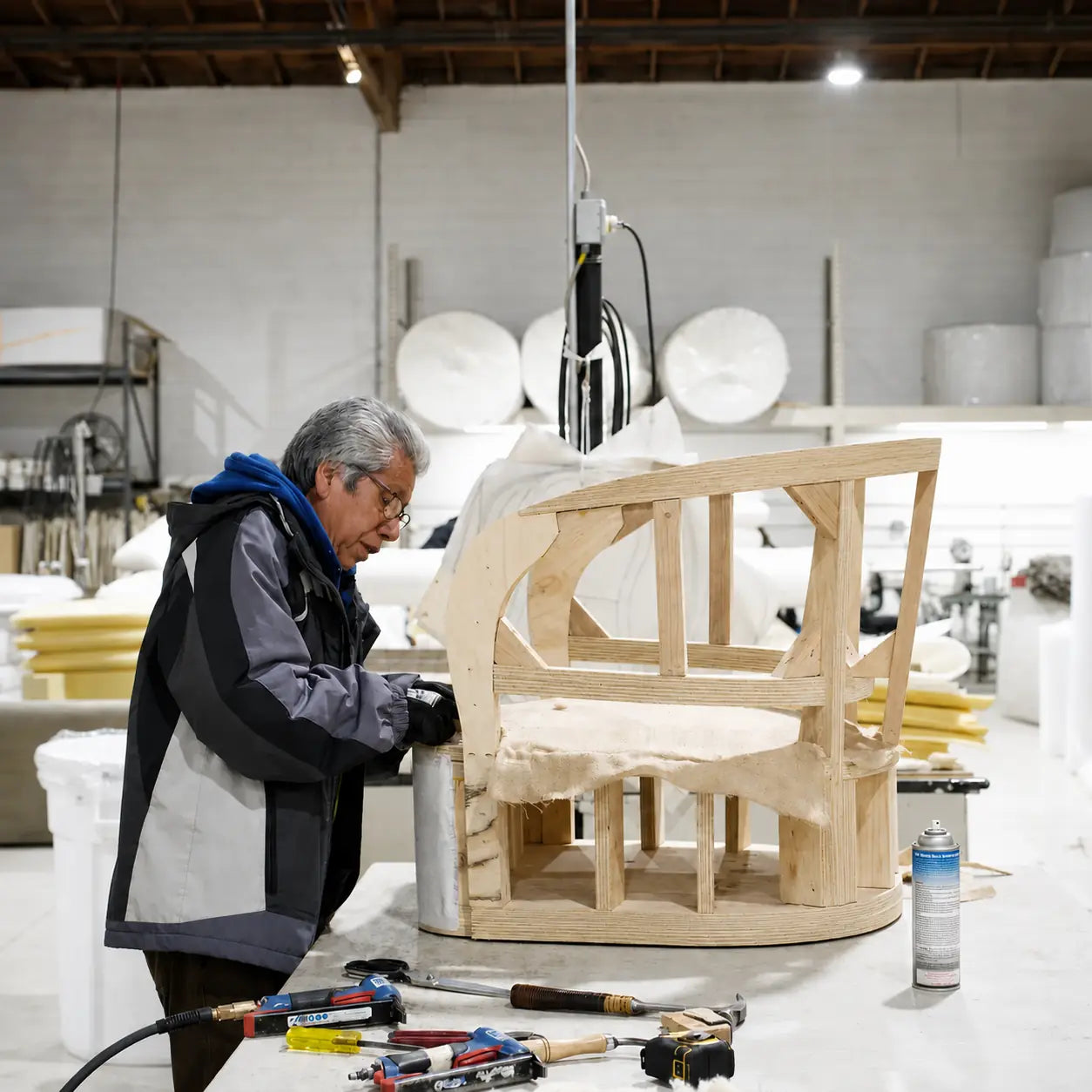 Curved chair frame and upholstery workbench for custom forms