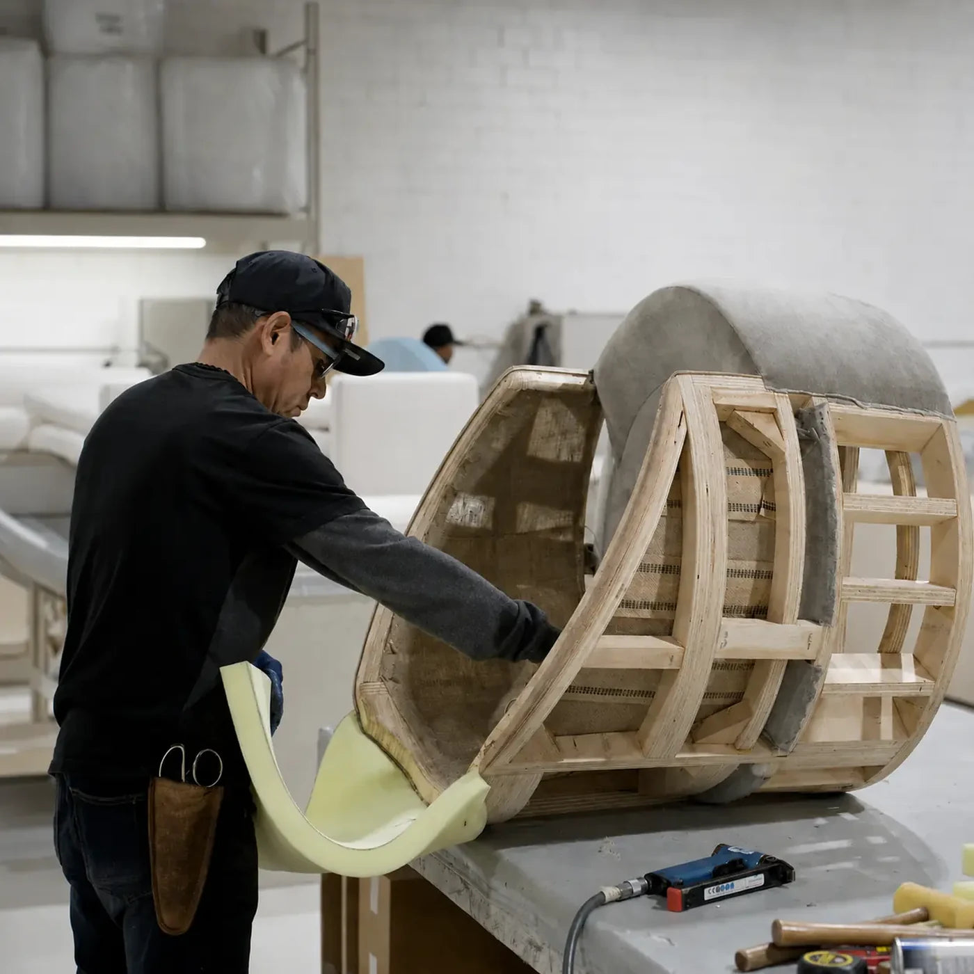 Curved chair upholstery and seating support production capability