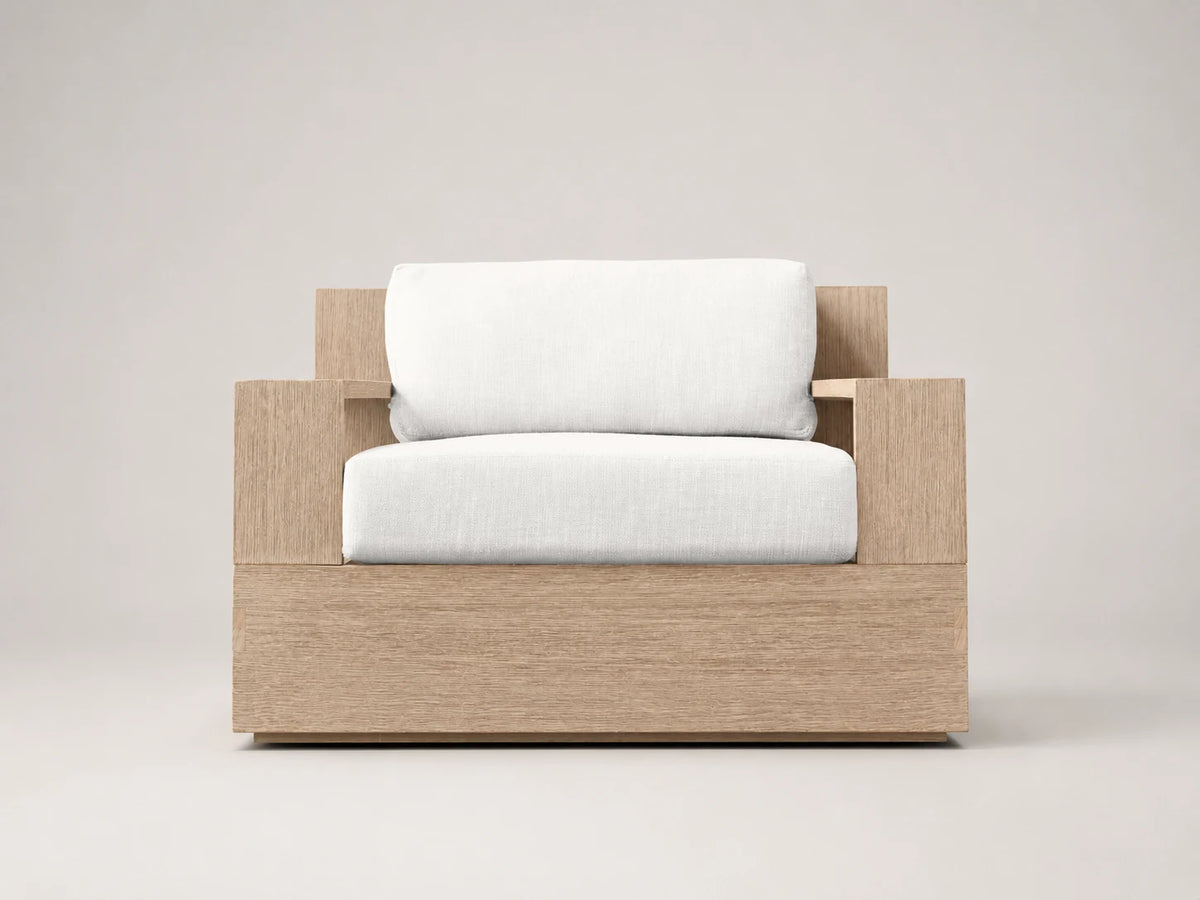 Outdoor teak lounge chair, front view