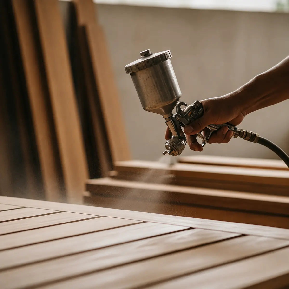 Wood finish topcoat application in a controlled spray booth
