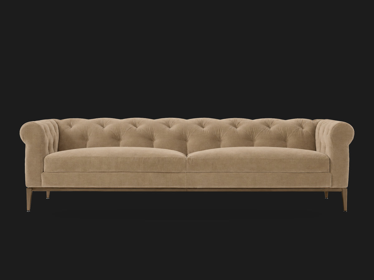 Italia Chesterfield 2-Cushion Sofa – Metal Base – Mohair Almond – Burnished Bronze #Fabric & Color_Mohair Almond