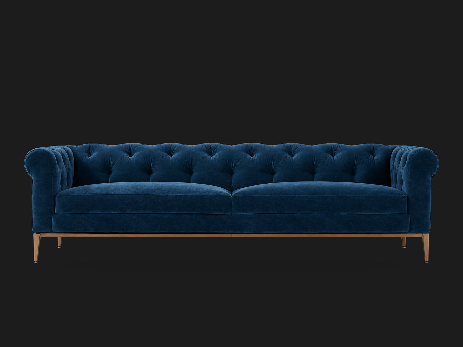 Italia Chesterfield 2-Cushion Sofa – Metal Base – Performance Velvet Sapphire – Burnished Bronze #Fabric & Color_Performance Velvet Sapphire