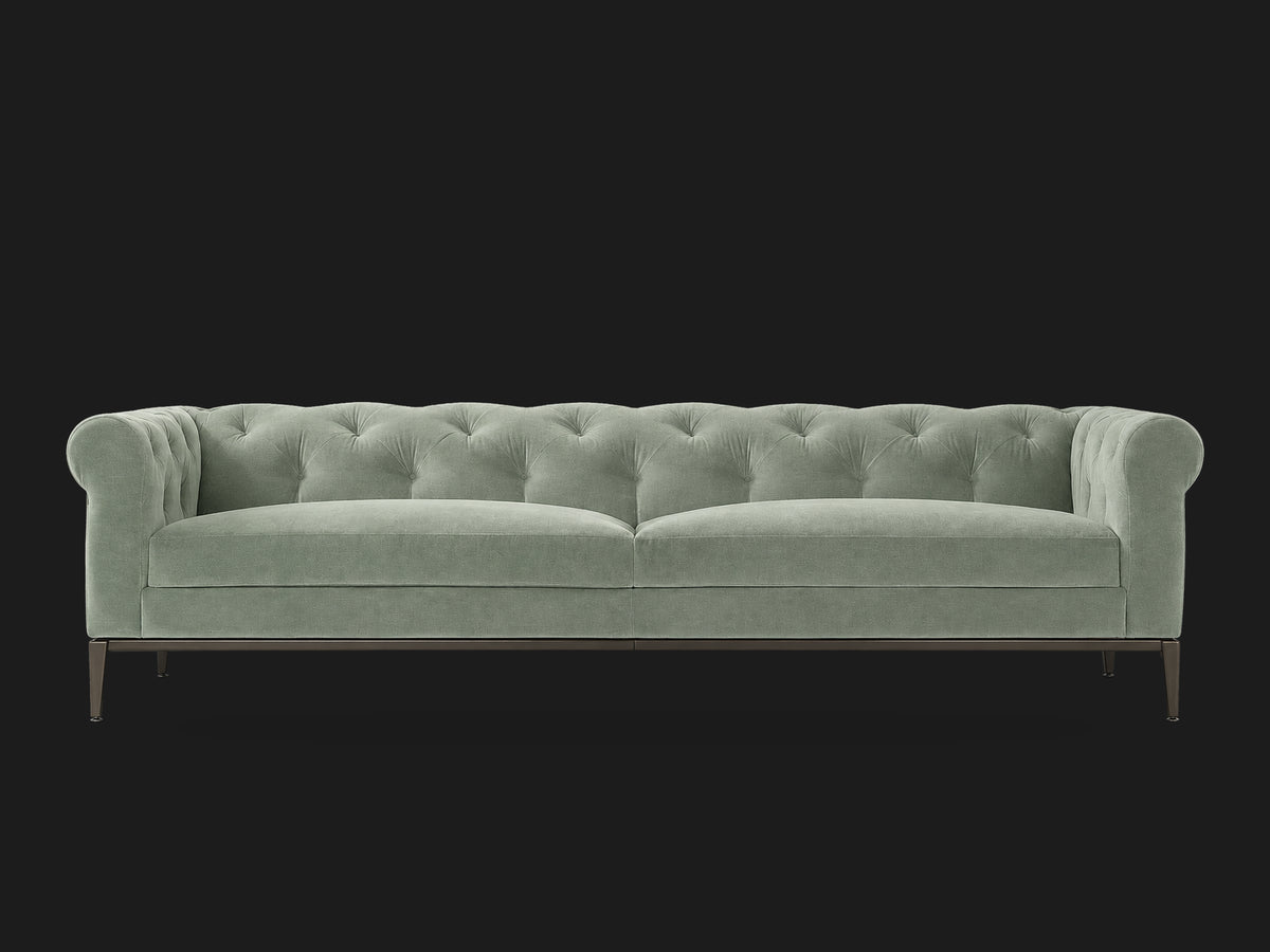 Italia Chesterfield 2-Cushion Sofa – Metal Base – Performance Velvet Seafoam – Burnished Bronze #Fabric & Color_Performance Velvet Seafoam