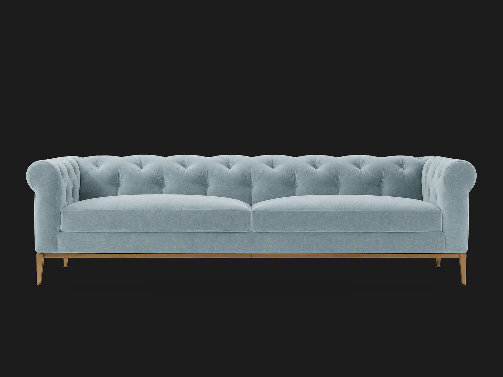 Italia Chesterfield 2-Cushion Sofa – Metal Base – Performance Velvet Sky – Matte Brass #Fabric & Color_Performance Velvet Sky