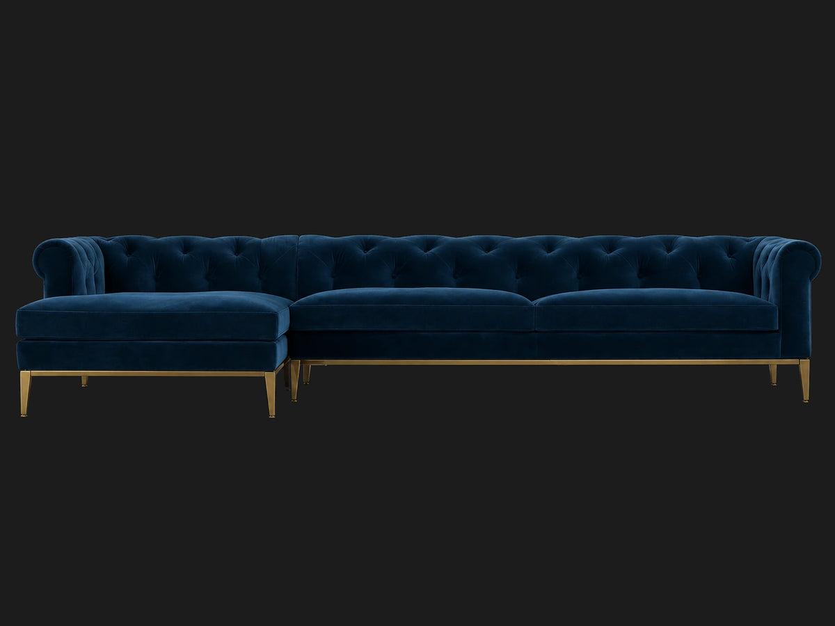 Italia Chesterfield Right-Arm Chaise Sectional – Metal Base – Ecommerce Main 1 – Performance Velvet Sapphire – Matte Brass