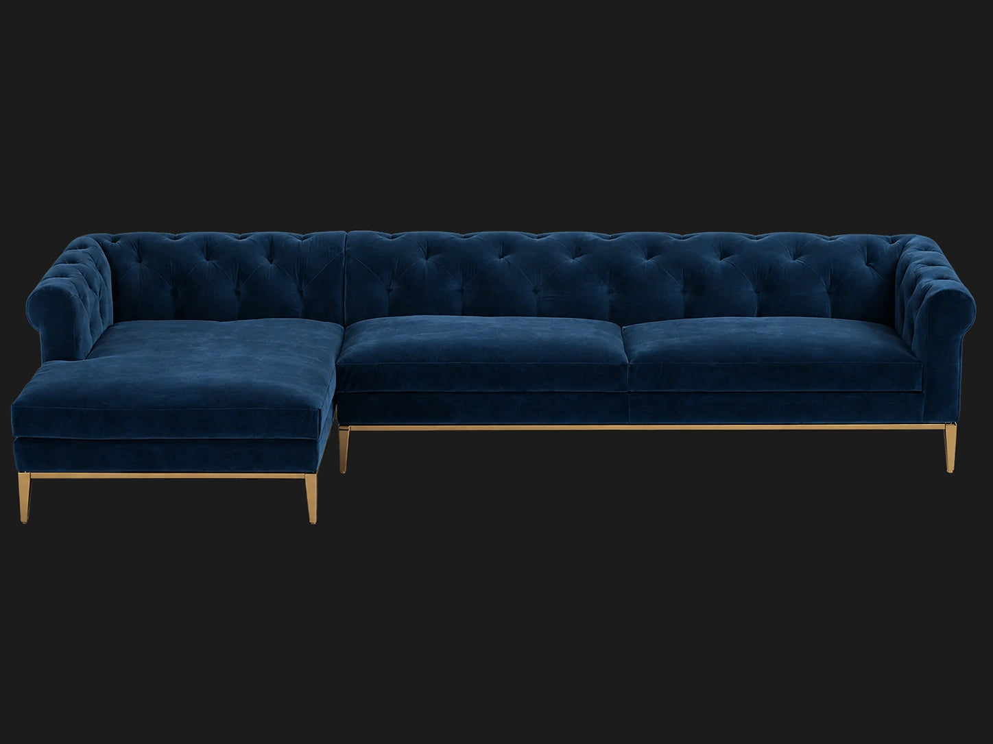 Italia Chesterfield Right-Arm Chaise Sectional – Metal Base – Ecommerce Main 2 – Performance Velvet Sapphire – Matte Brass