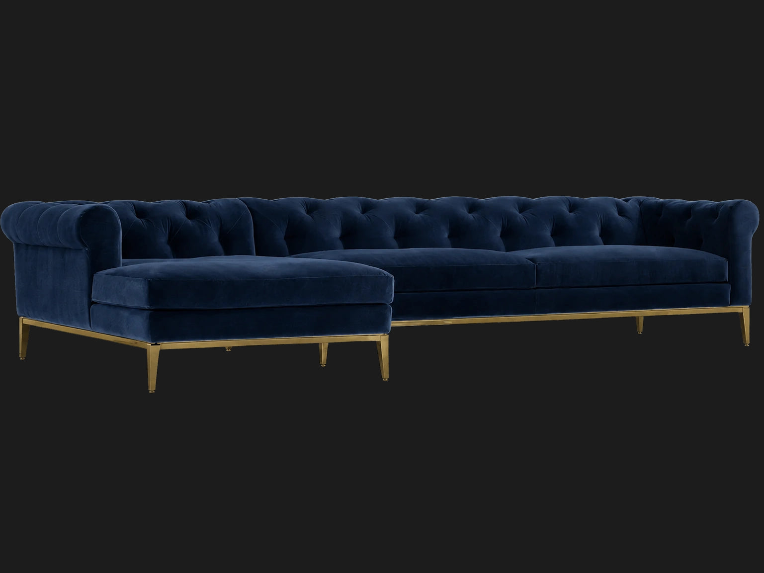 Italia Chesterfield Right-Arm Chaise Sectional – Metal Base – Ecommerce Main 3 – Performance Velvet Sapphire – Matte Brass