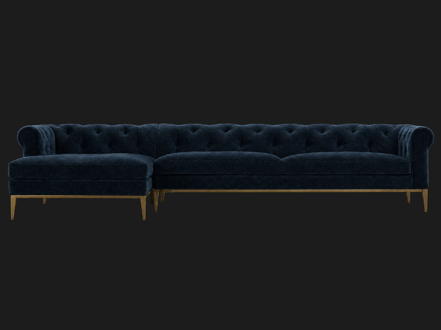 Italia Chesterfield Right-Arm Chaise Sectional – Metal Base – Mohair Admiral – Matte Brass
