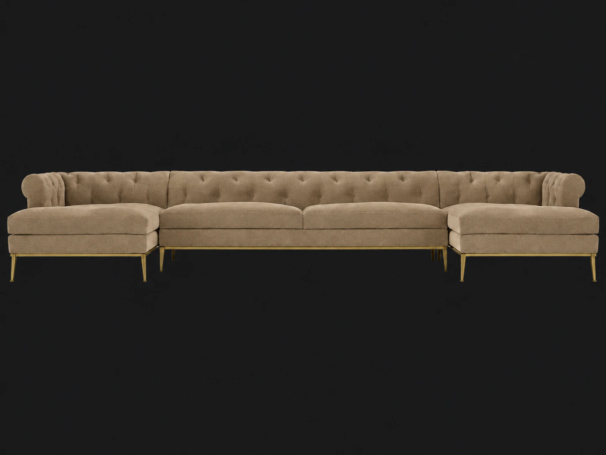 Italia Chesterfield U-Chaise Sectional - Mohair Almond / Matte Brass