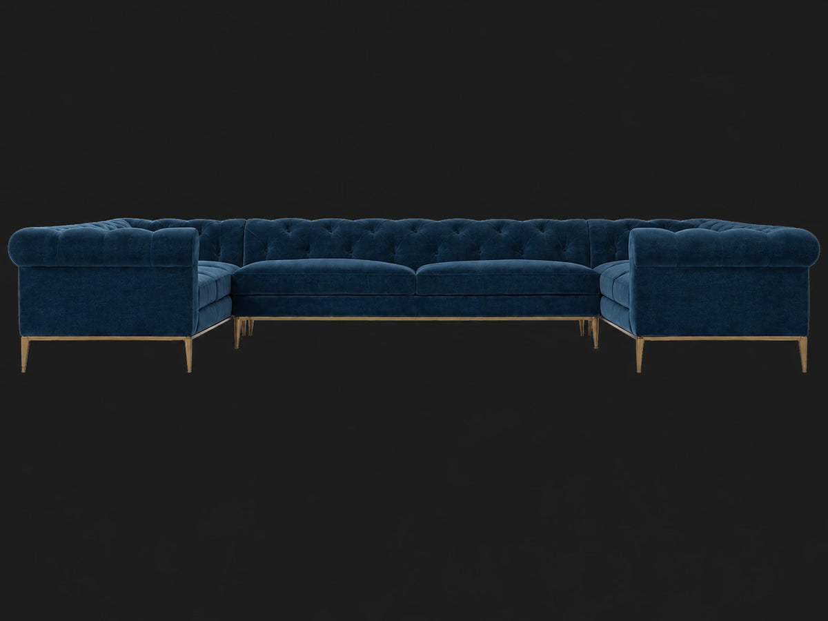 Italia Chesterfield U-Sectional - Performance Velvet Sapphire / Matte Brass