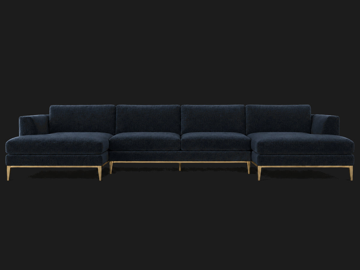 Italia Taper Arm U-Chaise Sectional – Metal Base – Mohair Admiral – Matte Brass