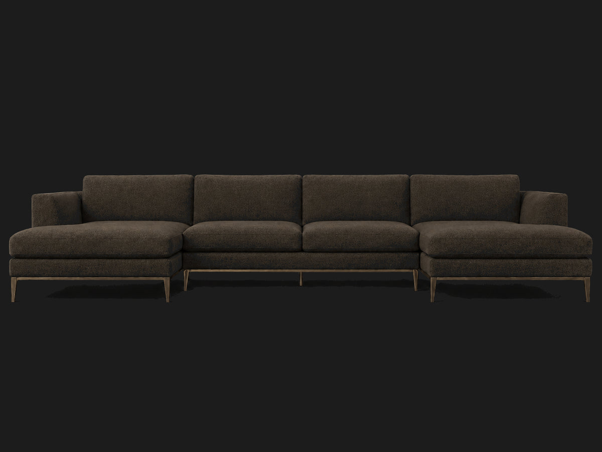 Italia Taper Arm U-Chaise Sectional – Metal Base – Mohair Chocolate – Burnished Bronze #Fabric & Color_Mohair Chocolate
