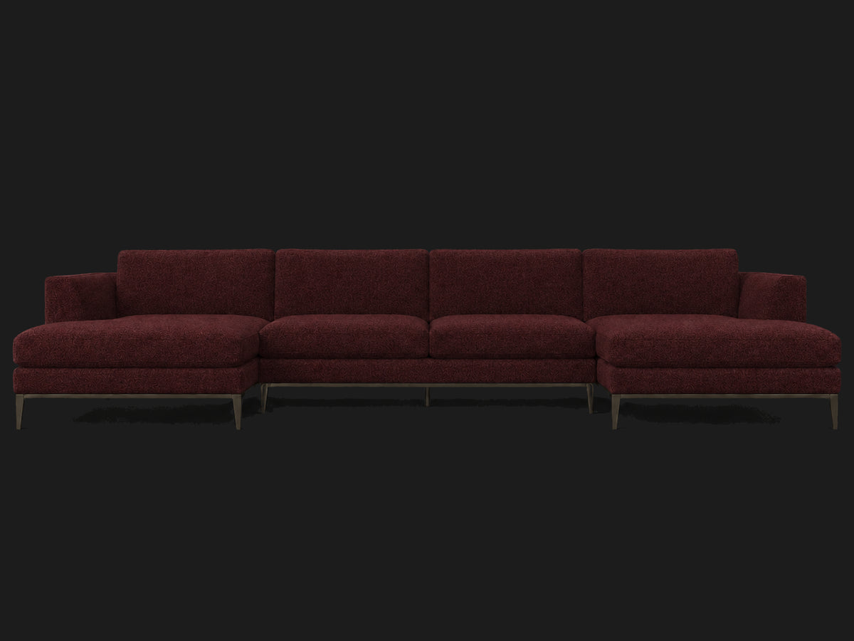Italia Taper Arm U-Chaise Sectional – Metal Base – Mohair Crimson – Burnished Bronze #Fabric & Color_Mohair Crimson