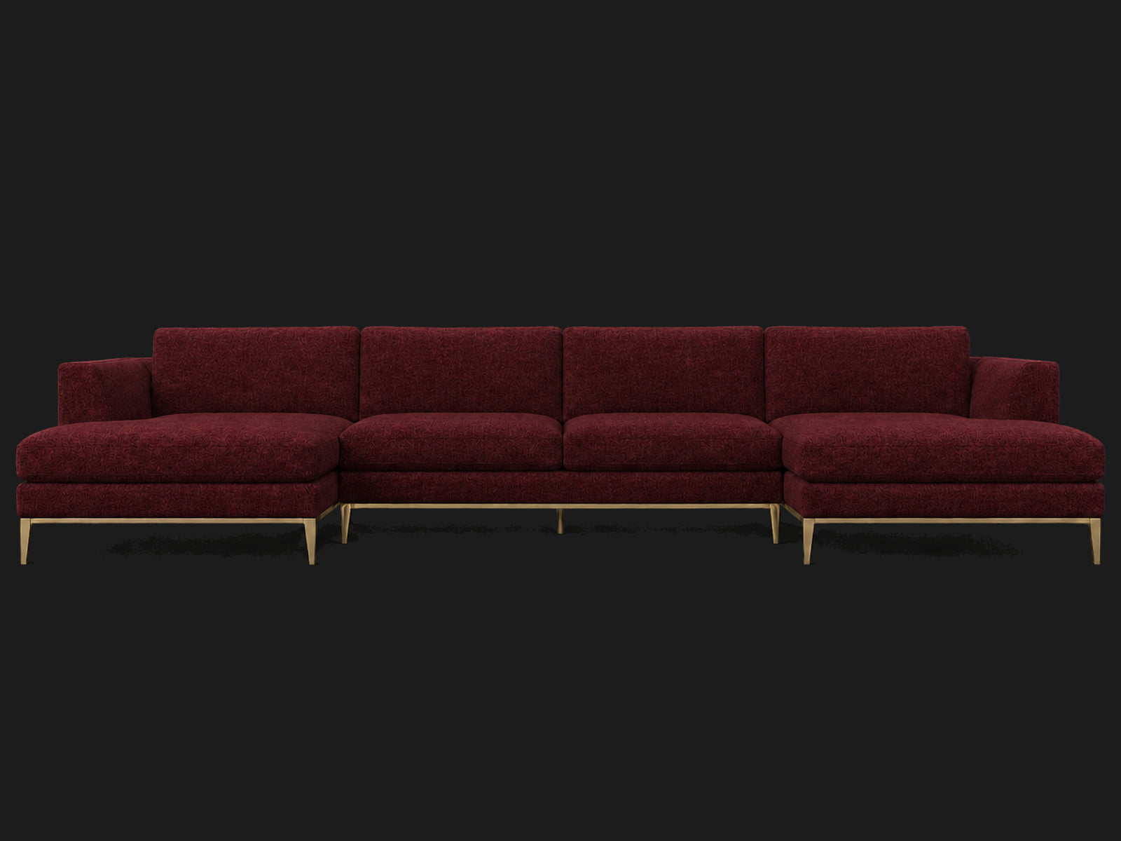 Italia Taper Arm U-Chaise Sectional – Metal Base – Mohair Crimson – Matte Brass