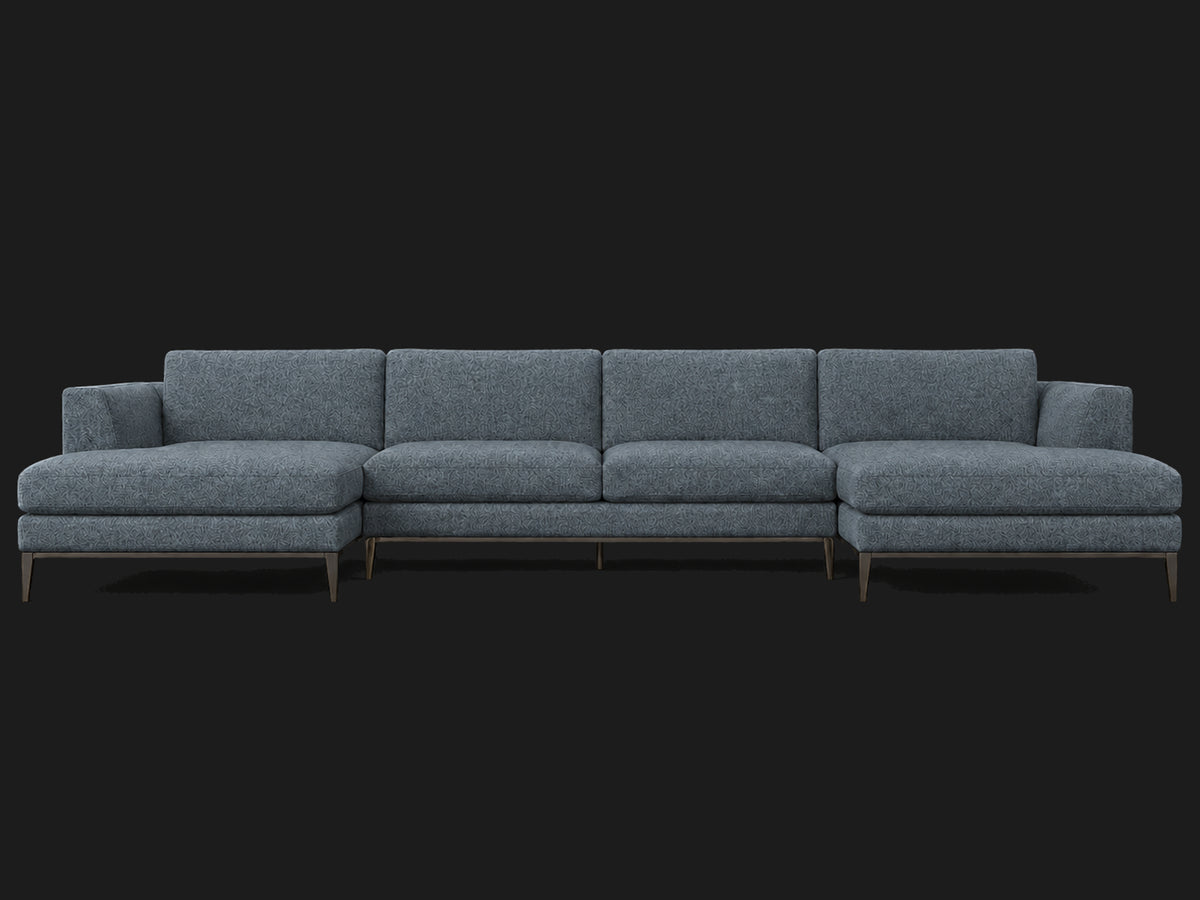 Italia Taper Arm U-Chaise Sectional – Metal Base – Mohair Slate Blue – Burnished Bronze #Fabric & Color_Mohair Slate Blue
