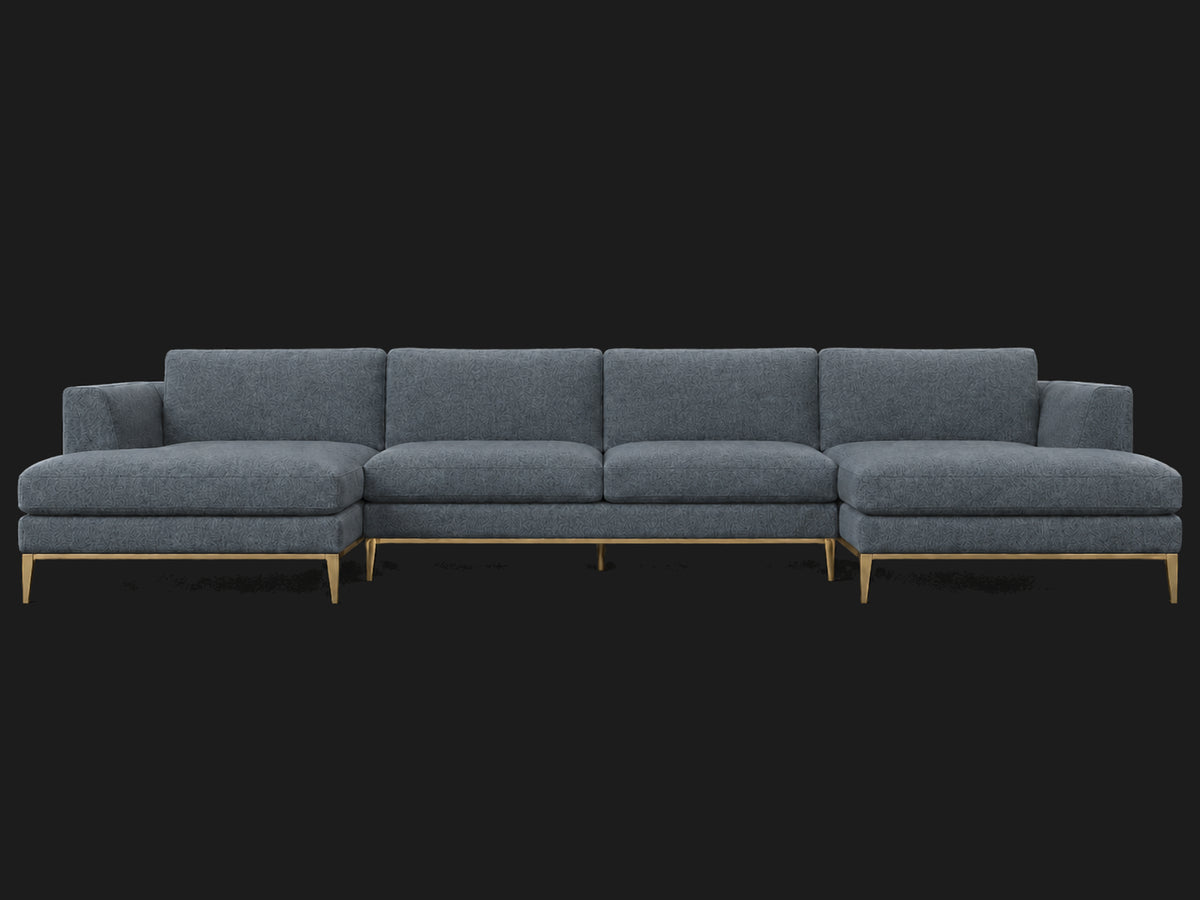 Italia Taper Arm U-Chaise Sectional – Metal Base – Mohair Slate Blue – Matte Brass
