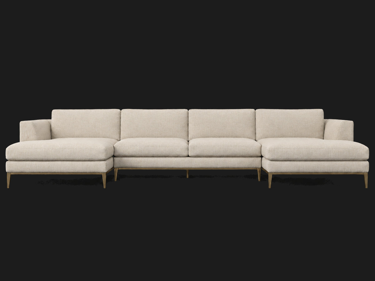 Italia Taper Arm U-Chaise Sectional – Metal Base – Performance Linen Weave Beige – Matte Brass