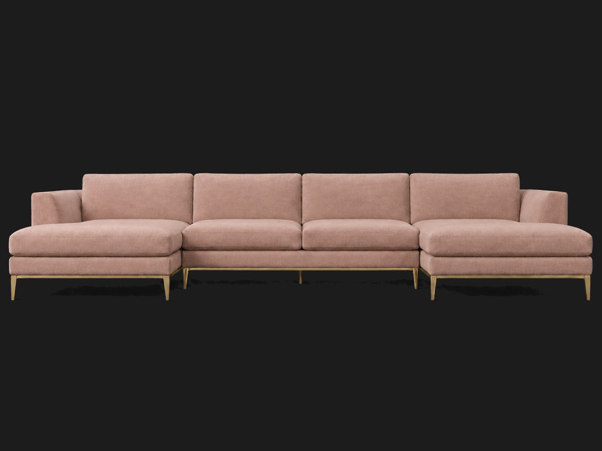 Italia Taper Arm U-Chaise Sectional – Metal Base – Performance Velvet Blossom – Matte Brass