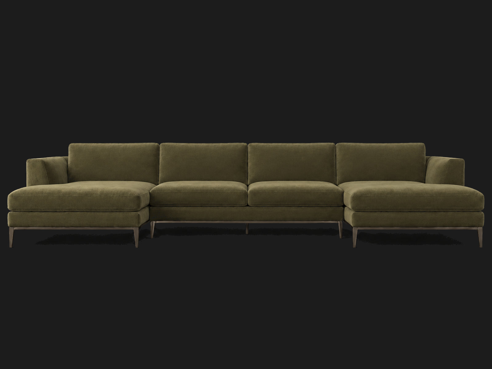 Italia Taper Arm U-Chaise Sectional – Metal Base – Performance Velvet Olive – Burnished Bronze #Fabric & Color_Performance Velvet Olive