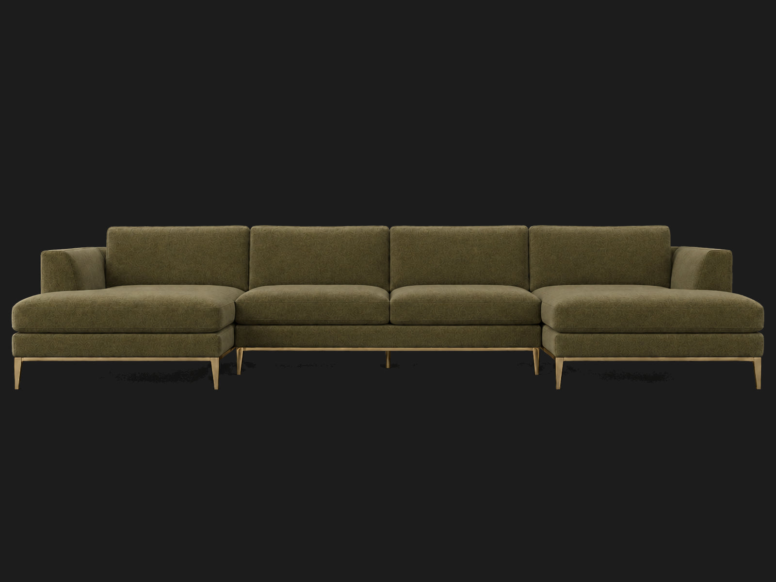 Italia Taper Arm U-Chaise Sectional – Metal Base – Performance Velvet Olive – Matte Brass