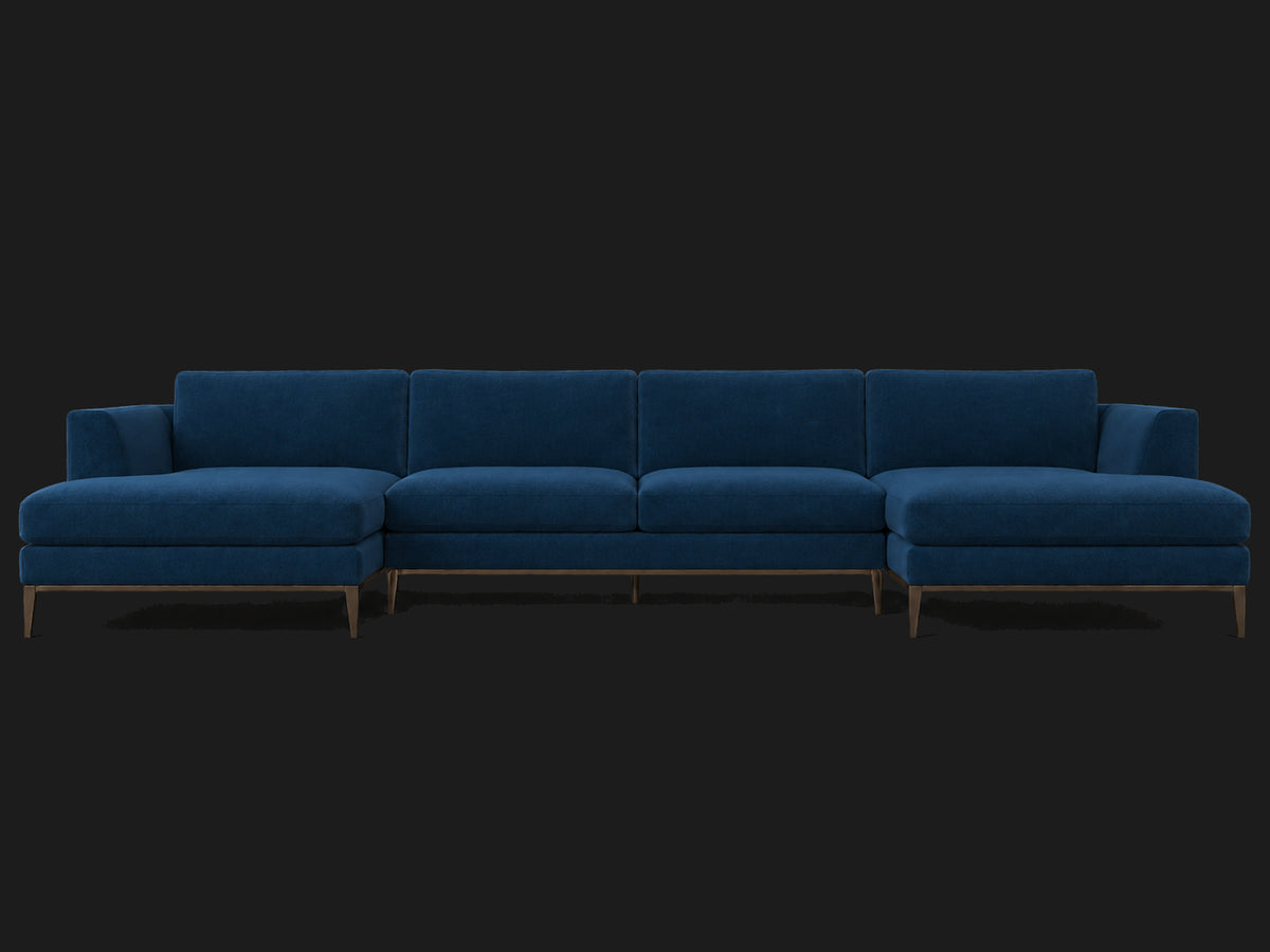 Italia Taper Arm U-Chaise Sectional – Metal Base – Performance Velvet Sapphire – Burnished Bronze #Fabric & Color_Performance Velvet Sapphire