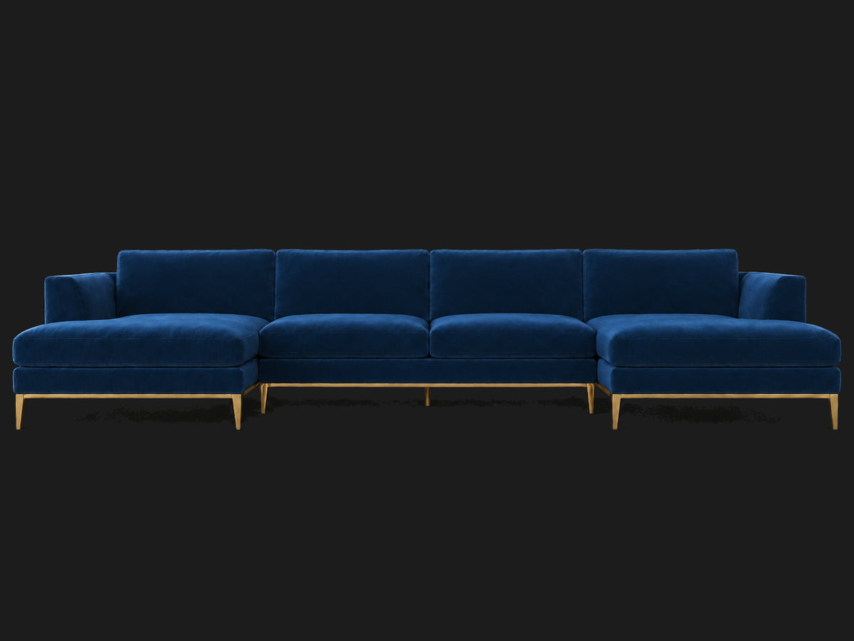 Italia Taper Arm U-Chaise Sectional – Metal Base – Performance Velvet Sapphire – Matte Brass