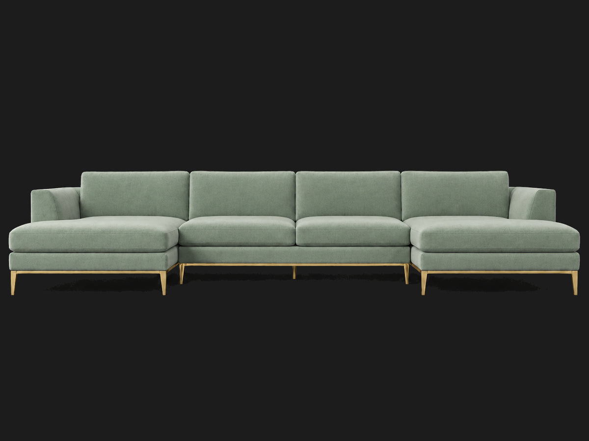 Italia Taper Arm U-Chaise Sectional – Metal Base – Performance Velvet Seafoam – Matte Brass