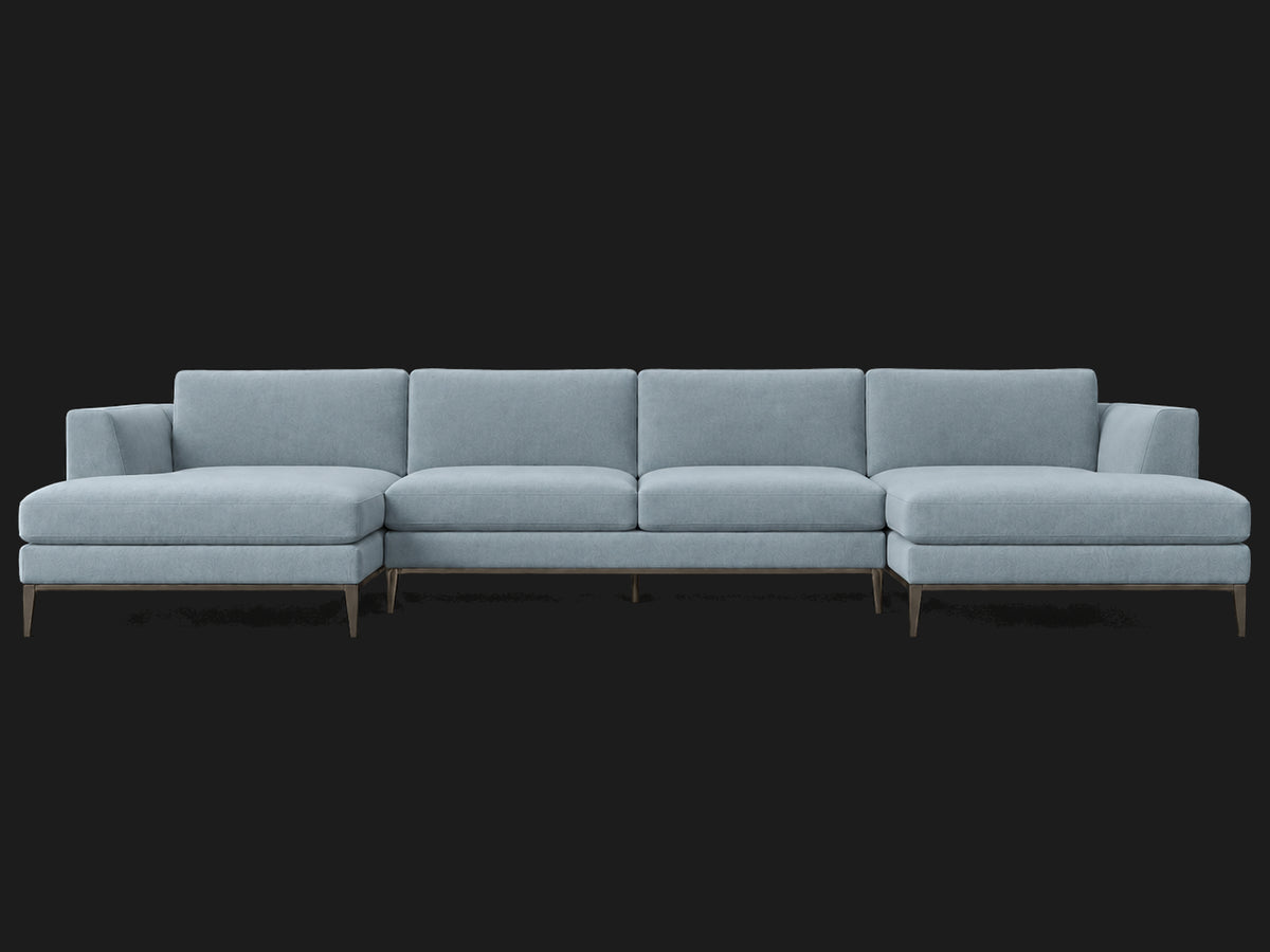 Italia Taper Arm U-Chaise Sectional – Metal Base – Performance Velvet Sky – Burnished Bronze #Fabric & Color_Performance Velvet Sky