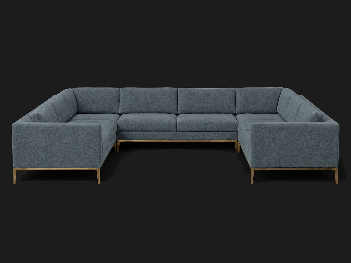 Italia Taper Arm U-Sectional – Metal Base – Mohair Slate blue – Burnished Bronze #Fabric & Color_Mohair Slate blue