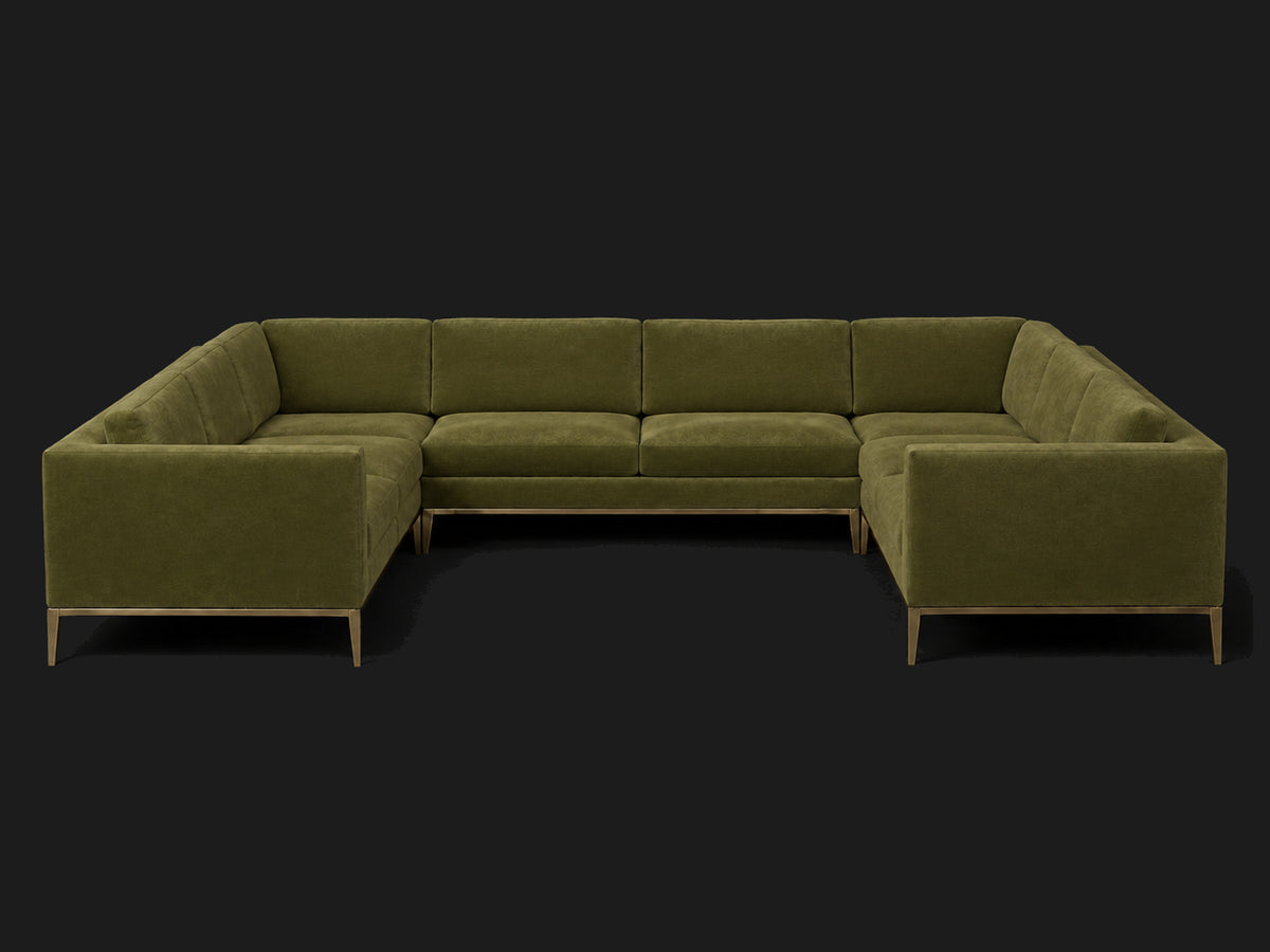 Italia Taper Arm U-Sectional – Metal Base – Performance Velvet Olive – Burnished Bronze #Fabric & Color_Performance Velvet Olive