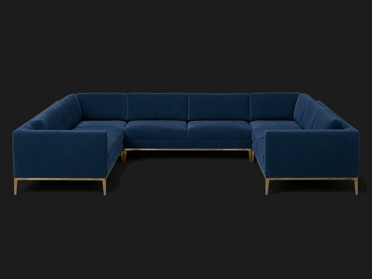 Italia Taper Arm U-Sectional – Metal Base – Performance Velvet Sapphire – Matte Brass #Fabric & Color_Performance Velvet Sapphire