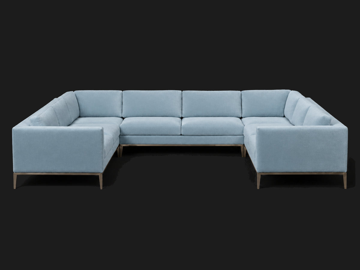 Italia Taper Arm U-Sectional – Metal Base – Performance Velvet Sky – Burnished Bronze #Fabric & Color_Performance Velvet Sky