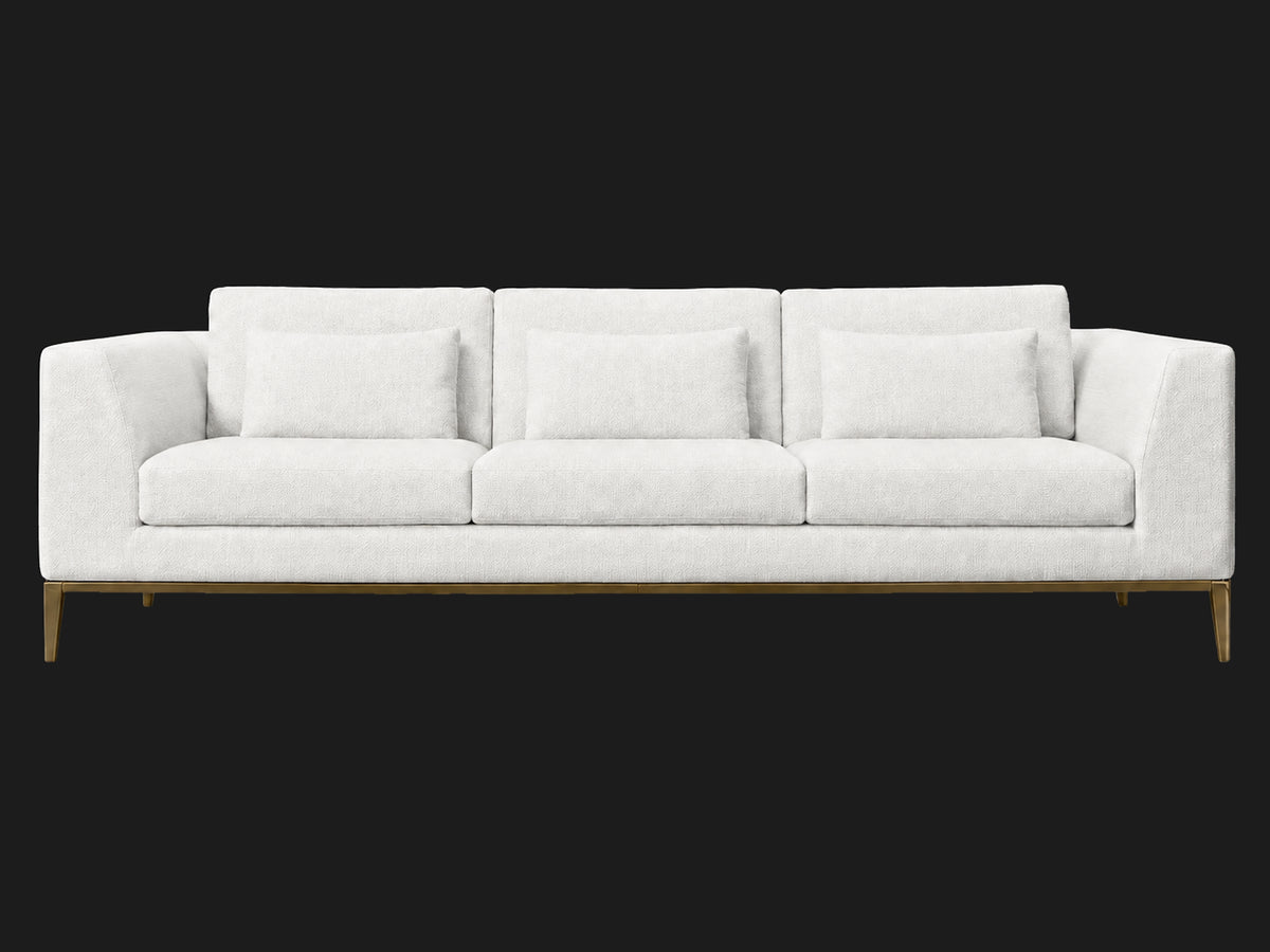 Italia Taper Arm 3-Cushion Sofa — Heritage Belgian Linen Egret — Matte Brass — front-source-1 #Fabric & Color_Heritage Belgian Linen Egret
