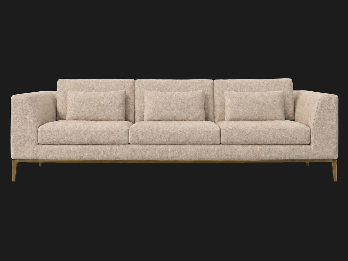 Italia Taper Arm 3-Cushion Sofa — Heritage Belgian Linen Petal — Matte Brass — front-source-1 #Fabric & Color_Heritage Belgian Linen Petal