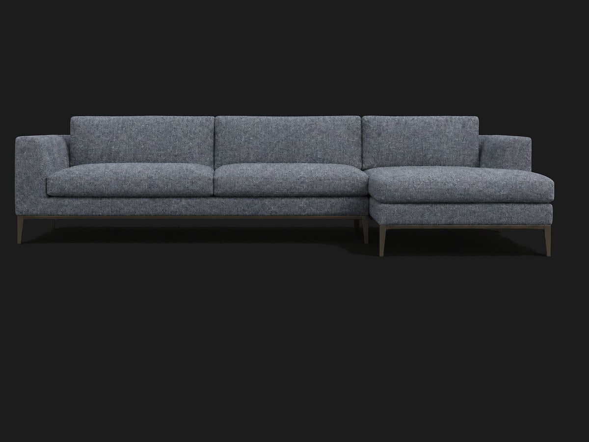 Italia Taper Arm Left-Arm Chaise Sectional – Metal Base — Heritage Belgian Linen Lake — Burnished Bronze #Fabric & Color_Heritage Belgian Linen Lake