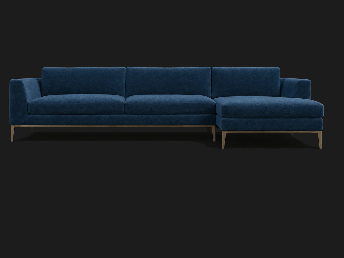 Italia Taper Arm Left-Arm Chaise Sectional – Metal Base — Performance Velvet Sapphire — Burnished Bronze #Fabric & Color_Performance Velvet Sapphire