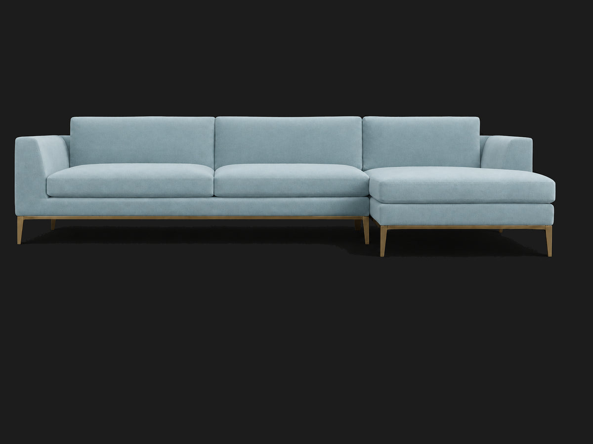 Italia Taper Arm Left-Arm Chaise Sectional – Metal Base — Performance Velvet Sky — Matte Brass #Fabric & Color_Performance Velvet Sky