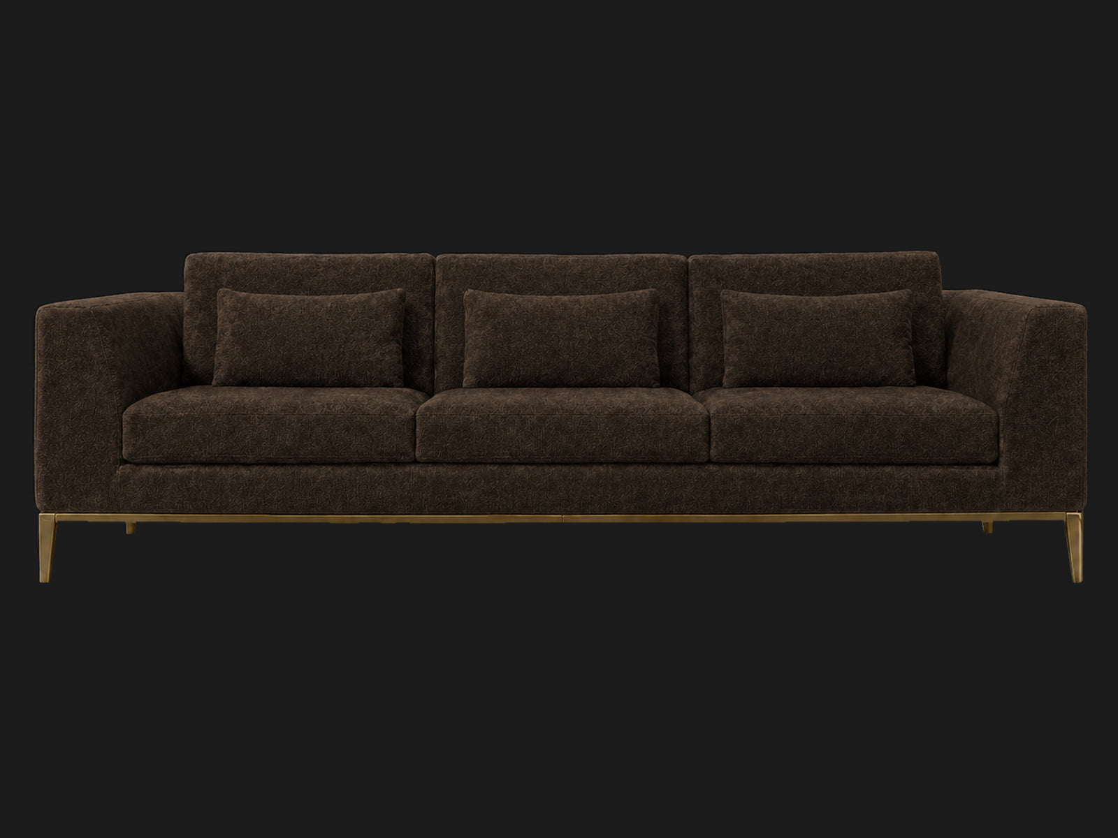 Italia Taper Arm 3-Cushion Sofa — Mohair Chocolate — Matte Brass — front-source-1 #Fabric & Color_Mohair Chocolate