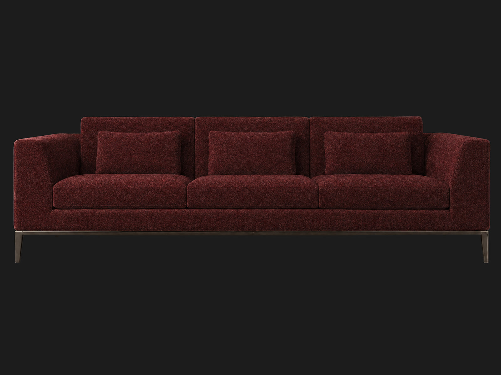 Italia Taper Arm 3-Cushion Sofa — Mohair Crimson — Burnished Bronze — front-source-1 #Fabric & Color_Mohair Crimson