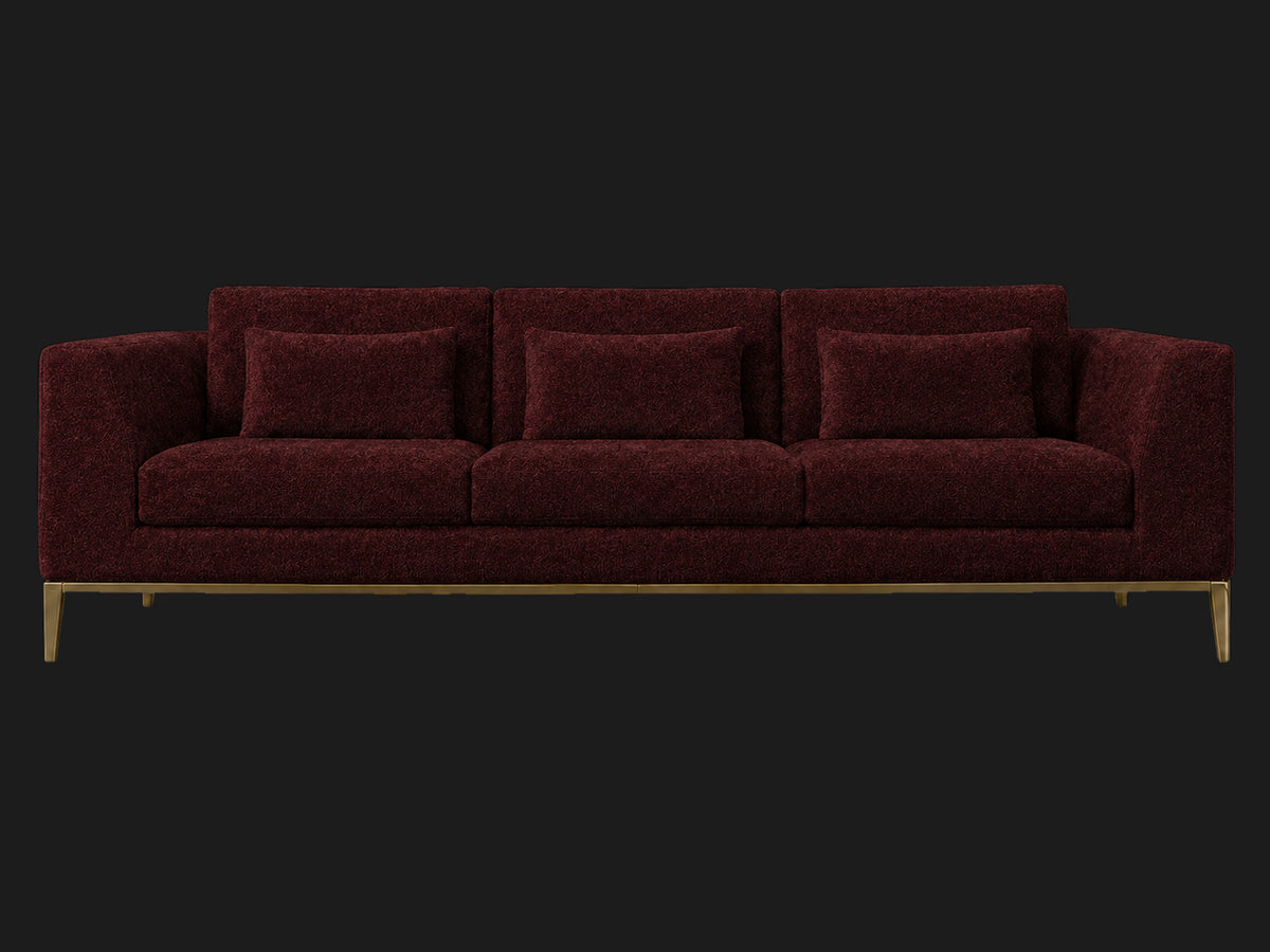 Italia Taper Arm 3-Cushion Sofa — Mohair Crimson — Matte Brass — front-source-1 #Fabric & Color_Mohair Crimson