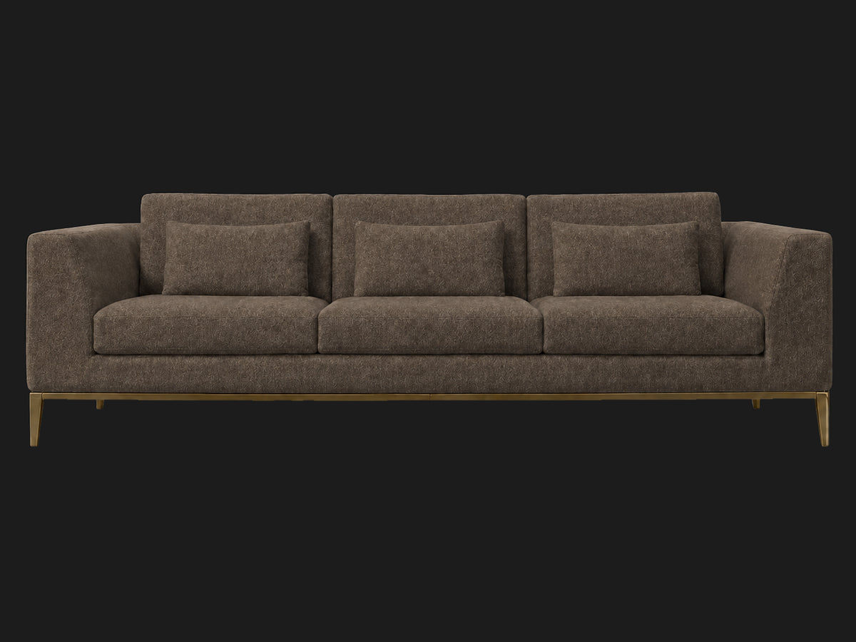 Italia Taper Arm 3-Cushion Sofa — Mohair Mink — Matte Brass — front-source-1 #Fabric & Color_Mohair Mink
