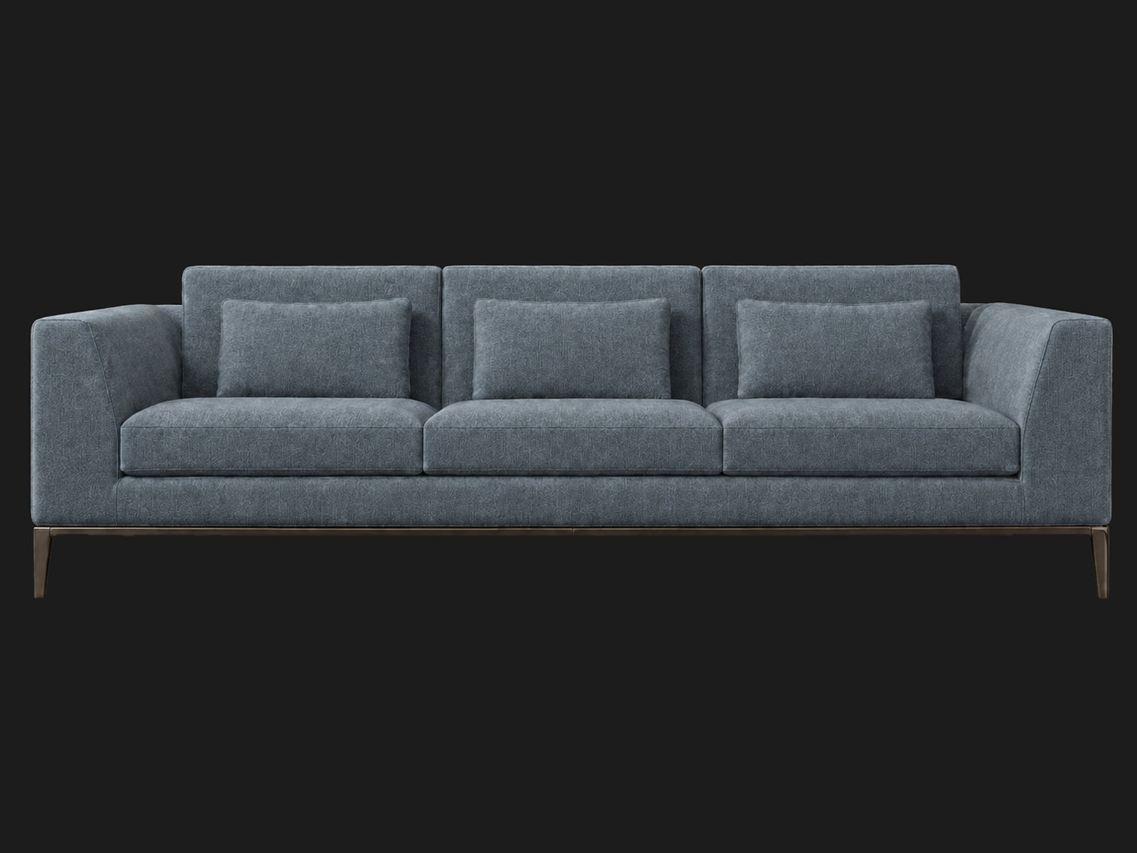 Italia Taper Arm 3-Cushion Sofa — Mohair Slate Blue — Burnished Bronze — front-source-1 #Fabric & Color_Mohair Slate Blue