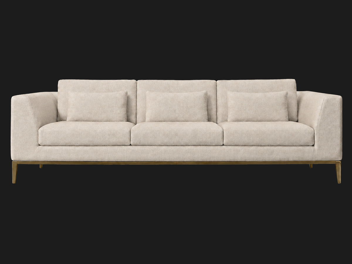 Italia Taper Arm 3-Cushion Sofa — Performance Linen Weave Beige — Matte Brass — front-source-1 #Fabric & Color_Performance Linen Weave Beige