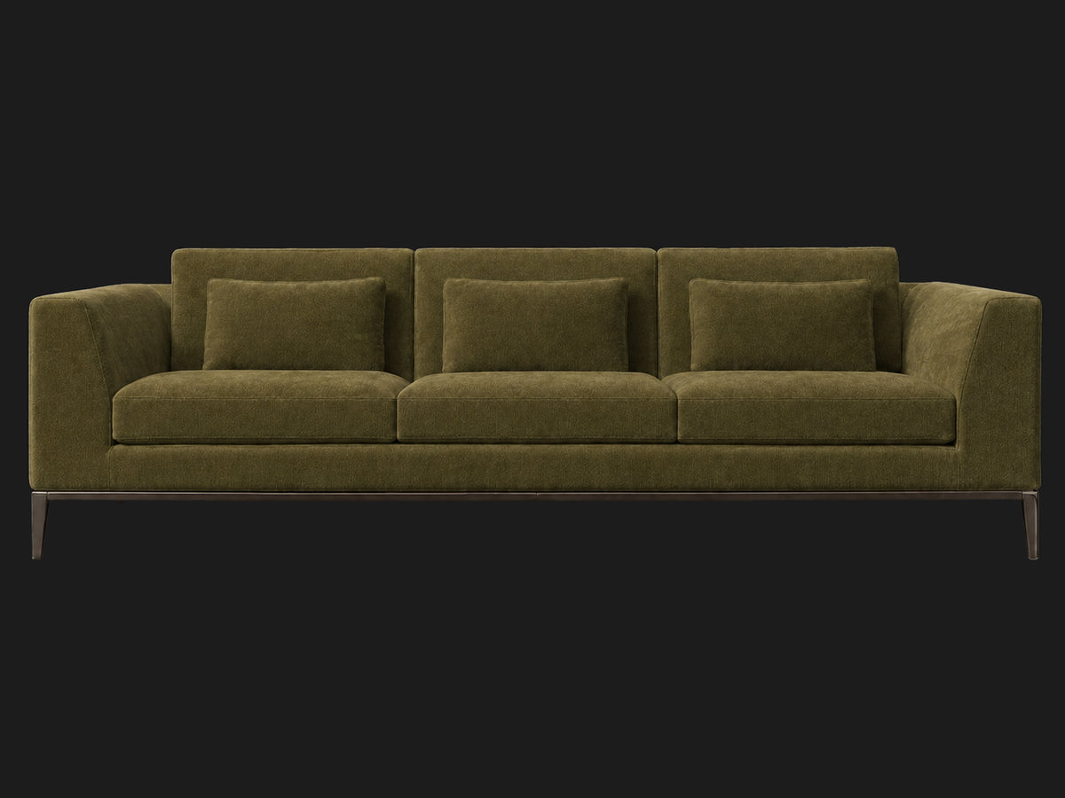 Italia Taper Arm 3-Cushion Sofa — Performance Velvet Olive — Burnished Bronze — front-source-1 #Fabric & Color_Performance Velvet Olive