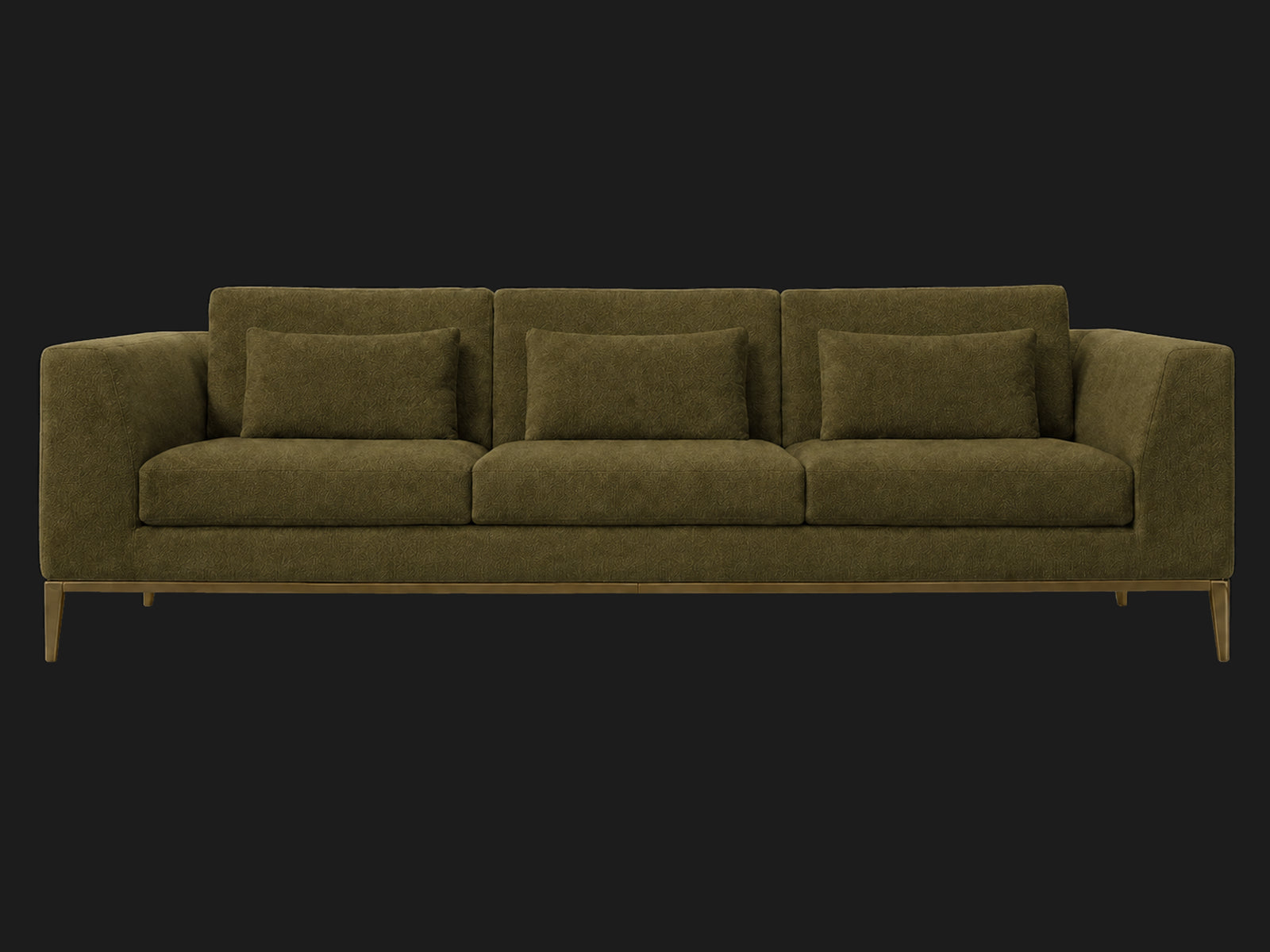 Italia Taper Arm 3-Cushion Sofa — Performance Velvet Olive — Matte Brass — front-source-1 #Fabric & Color_Performance Velvet Olive