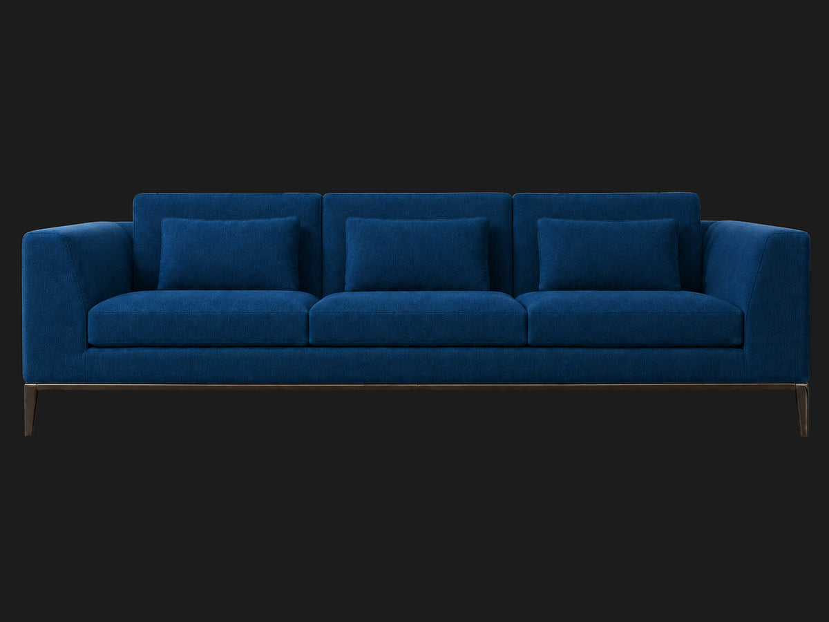 Italia Taper Arm 3-Cushion Sofa — Performance Velvet Sapphire — Burnished Bronze — front-source-1 #Fabric & Color_Performance Velvet Sapphire