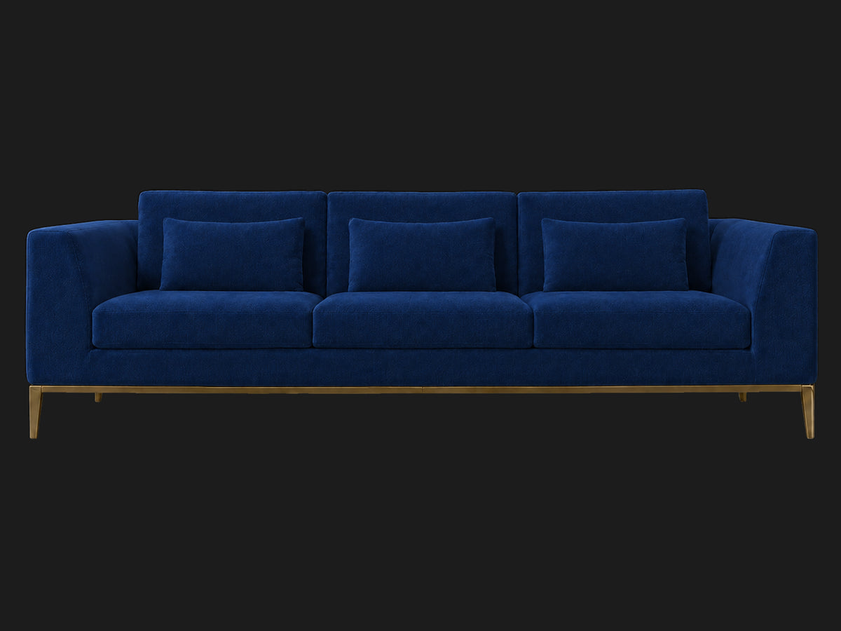 Italia Taper Arm 3-Cushion Sofa — Performance Velvet Sapphire — Matte Brass — front-source-1 #Fabric & Color_Performance Velvet Sapphire