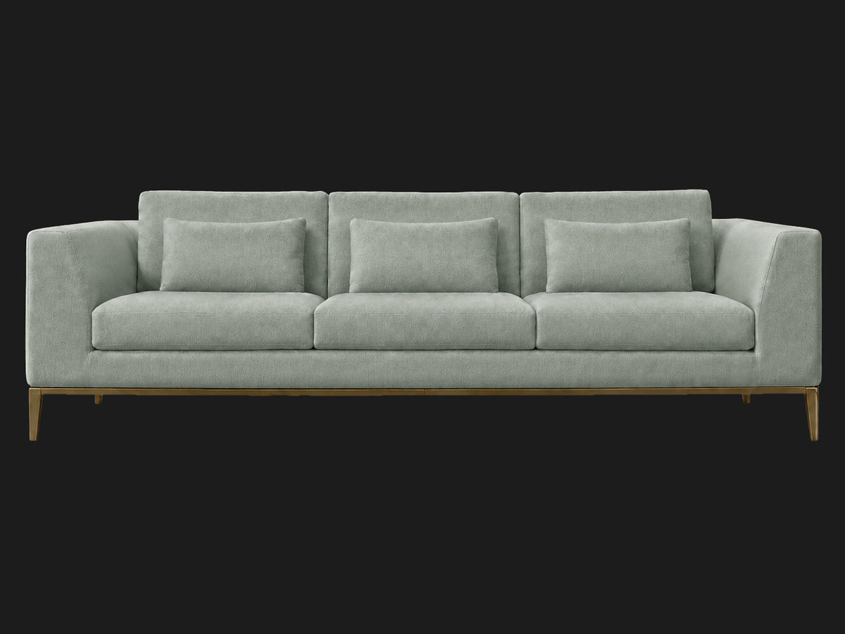 Italia Taper Arm 3-Cushion Sofa — Performance Velvet Seafoam — Matte Brass — front-source-1 #Fabric & Color_Performance Velvet Seafoam